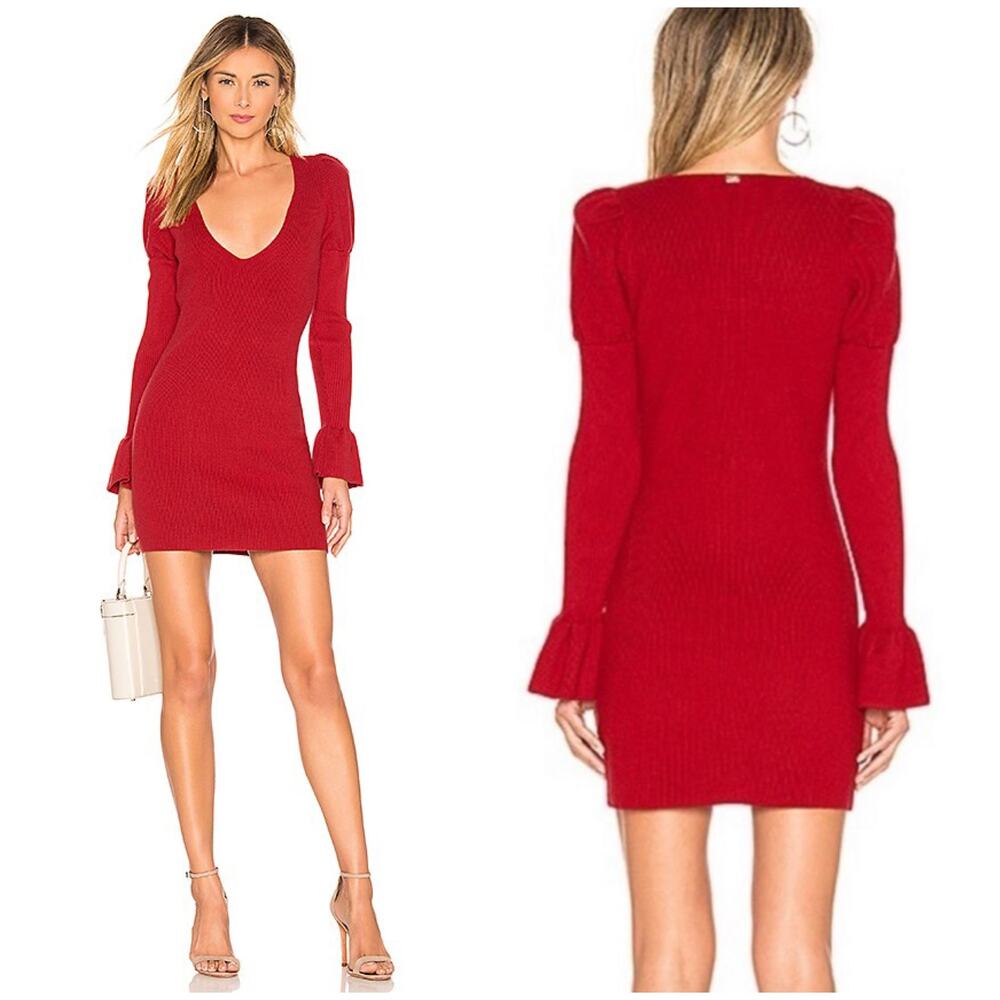 NWT For Love & Lemons Oxford Sweater Dress Size Small Red Knit Bell Sleeve Mini